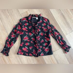 Laura Ashley Floral Rose ruffle Silk blouse with sheer sleeves Size 6